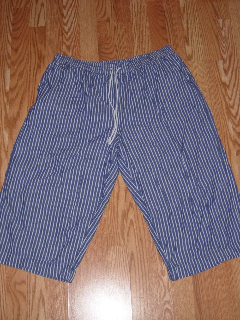 Blue Striped Linen Blend Wide Leg Cropped Pants XXL